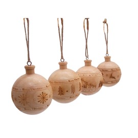 Set of 4 Wooden Ball Christmas Ornaments, Festive Hanging Holiday Décor, Assorted Designs, 2.4 Inches