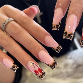 BABALAL Square Press on Nails Long Fake Nails Brown French Tip Glue ons Nails with Wild Cheetah Design Acrylic Nails Fall Cherry False Nails 24Pcs Squoval Nails