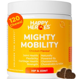 Happy Heroes - Mighty Mobility, Premium Dog Hip & Joint Care, 100% Natural Supplement, Glucosamine, Chondroitin, MSM, & Essential Vitamins, Chicken Flavour, 120 Soft Chews.