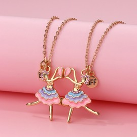 Cute Ballerina Heart Best Friend Necklace 2PCS Enamel Matching Love Sweet CZ Ballet Dancer Pendant Choker Set Forever Friendship Birthday Jewelry Dance Recital Gifts for Sister Bestie Daughter (Gold)