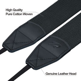 Padwa Lifestyle - Correa de cámara negra de piel auténtica tejida de algodón de 2 pulgadas de ancho, 2 clips de liberación rápida para todas las cámaras DSLR/SLR, prismáticos y control remoto de