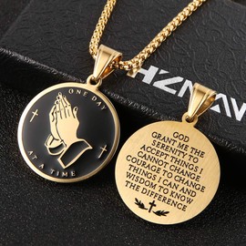 HZMAN Serenity Prayer Cross Stainless Steel Pendant Necklace for Men Women Praying Hands Coin Medal Jewelry Gift (Gold)