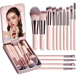 Set de viaje de brochas de maquillaje: 14 brochas de cerdas suaves espejo, luz LED y estuche portátil