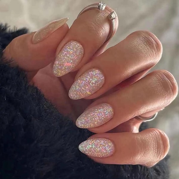 MISUD Press on Nails Medium Almond Fake Nails Glossy Glue