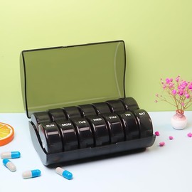 Pill Box 7 Days Clock (Twice a Day) Weekly Pill Box with Moisture-proof Design (Black)