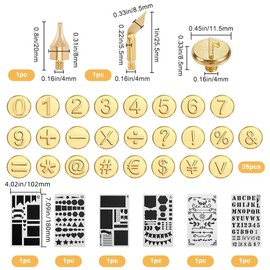 GORGECRAFT 28PCS Wood Burning Tip Set Golden Number Mathematical Symbol Brass Head Hot Stamps Tips Kit with 6 Styles Plastic Journal Painting Stencil Template for Wood DIY Embossing Carving Craft