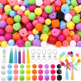 Vellibring 131 PCS Silicone Beads for Keychain Making Kit,12mm 15mm Round 14mm Polygonal Rubber Beads Multicolor Bulk Silicone Loose Beads for DIY Necklace Bracelet Jewelry Making Supplies