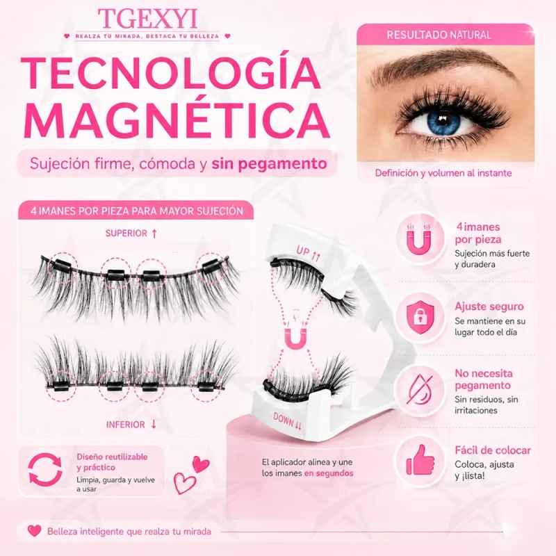 2 Pares Pestañas Magnéticas Natural Reutilizables +aplicador