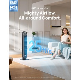 Dreo Tower Fan for Bedroom, 25ft/s Velocity Quiet Floor Fan, 90° Oscillating Fans for Indoors with 4 Speeds, 4 Modes, 8H Timer, Standing Fans, Bladeless Fan, Black, Nomad One (DR-HTF007)