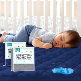 2 Pack Crib Mattress Protector Sheets Fitted Waterproof Crib Mattress Pad Cover, Noiseless & Machine Wash 100% Absorbent Crib/Toddler Mattress Protector Sheet Quilted, Gray&Navy, 52" x 28"