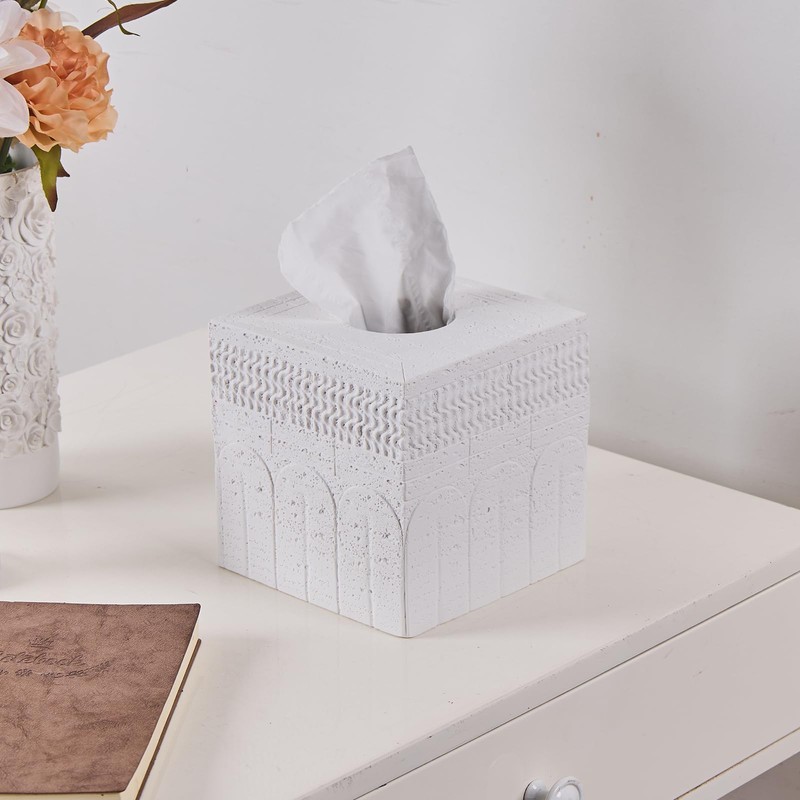 Travertine Tissue Box Cover – Classic Carved Square Resin Tissue