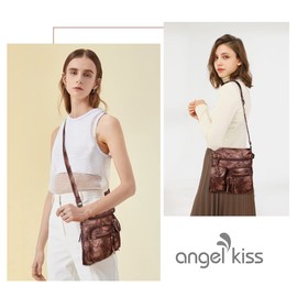Angel Kiss Crossbody Bags for Women Washed Leather Shoulder Bags Multi Pocket Soft Hobo Purses and Medium Handbags