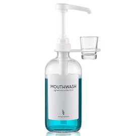 Onsogi Glass Mouthwash Dispenser with Cup Holder and Pump, 16 Oz Rustic Boho Mouthwash Dispenser for Bathroom Farmhouse Decor - 1 Pack Clear