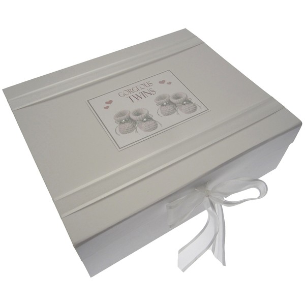 White Cotton Cards Gorgeous Twins, Large Keepsake Box, Silver Booties