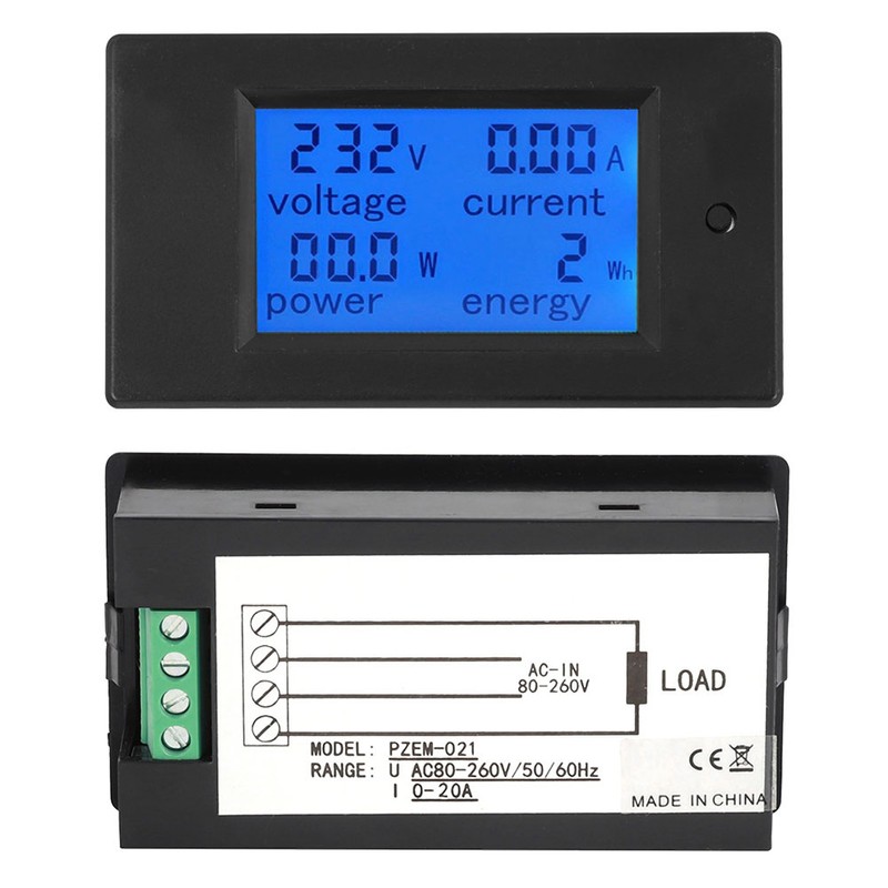 PZ-021 20A Digital AC LCD Voltage Current Power Energy Meter