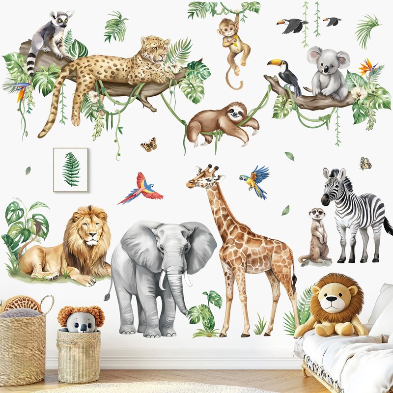 decalmile Large Jungle Animals Tree Branch Wall Stickers Safari Elephant