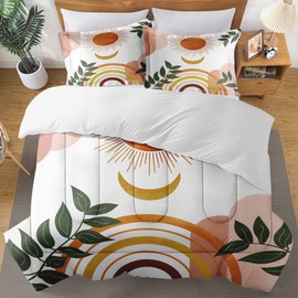 Culudea Boho Mid Century Comforter Set Twin Size, Sun Moon Leaves OrangeSoft Bedding Set with Pillowcases for Girls Teens Kids Boys Adults Bedroom Bed Decor,1 Quilt 1 Pillow Case
