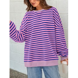 PRETTYGARDEN Womens Striped Oversized Sweatshirt Color Block Crew Neck Long Sleeve Casual Loose Pullover Top Y2K Clothes (Blue Pink, Medium)