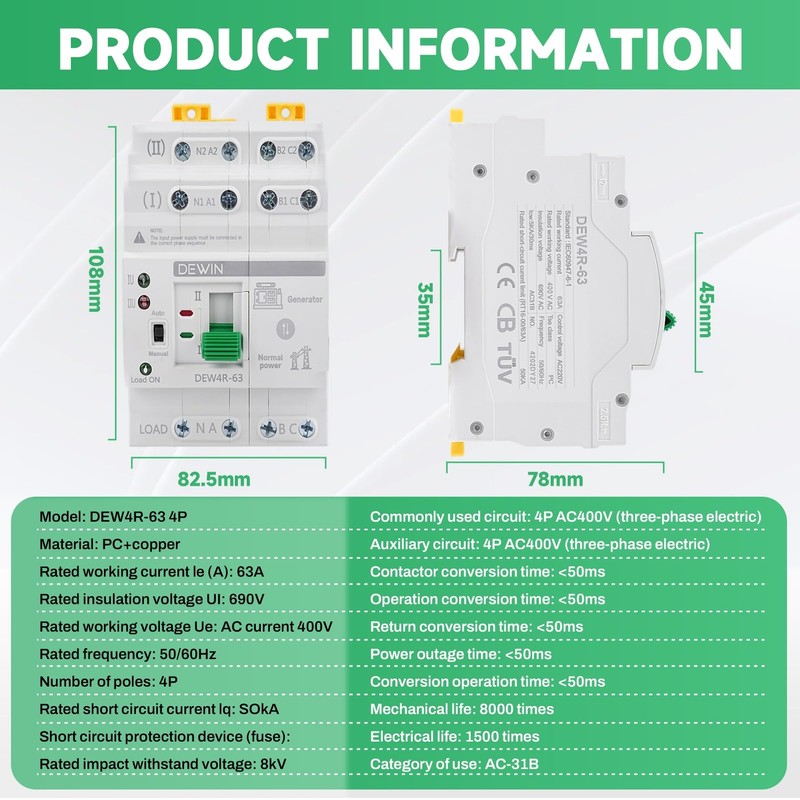 DEWIN Automatic Transfer Switch, 4P 63A 400V ATS Dual Power