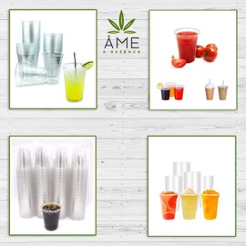 AME D'ESSENCE (150 PC) 24 Ounce Disposable Clear Cups with Bonus 1-Play Tall Napkins n Straws Plastic Drinking Cups To Go Iced Coffee Crystal PET Cups