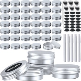 200 Pack Metal Tins Aluminum Containers with Lids Screw Top Round Tin Cans for Cosmetic Lip Balm DIY Salves Candles Wax with 5 Markers 10 Sheets Label Stickers (2 oz, Silver)