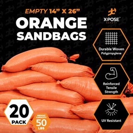 Xpose Safety Heavy Duty Sand Bags with Tie Strings – Empty Woven Polypropylene Sandbags for Hurricane Flood Protection, 50 lb Capacity, 14" x 26", Orange, Pack of 20