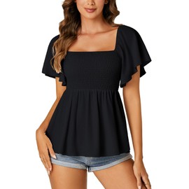 LYANER Women's Square Neck Smocked Peplum Top Ruffle Short Sleeve Shirred Babydoll Blouse Black X-Large