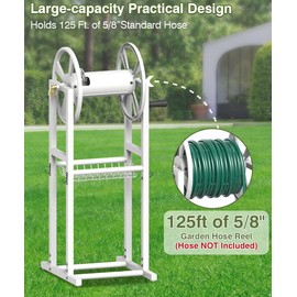 Mokeyder Freestanding Garden Hose Reel holds 125ft Hose of 5/8" with 4 Hooks, 4-Spike Outdoor Hose Holder with 3.9ft Leader Hose & Brass Fitting, Detachable Metal Hose Stand with Storage Rack, White