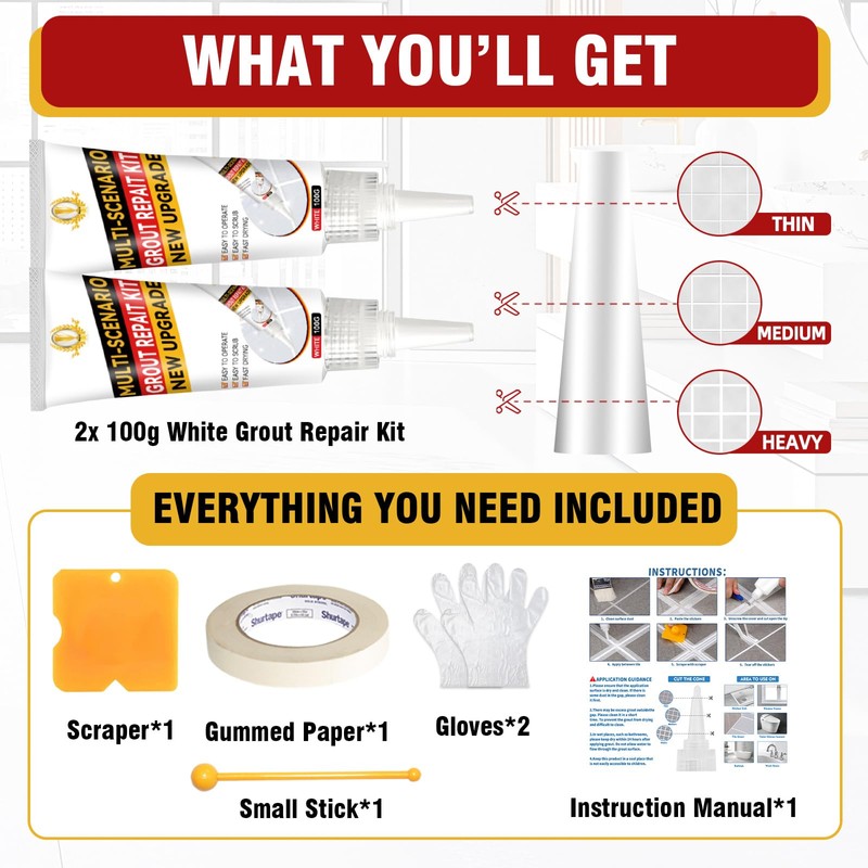 Tile Grout Repair Kit, 2 Pack White Grout Sealer for