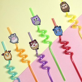 WAKLYVER 24pcs Crazy Straws for Kids, Silly Party Straws with 6 Animal Designs, Kids Straws for Birthday Party Supplies, Classroom, End of Year Student Gifts, Summer Pool and Beach Party Decorations