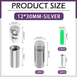 Swpeet 12 Sets 1/2" x 1-1/5" Silver Stainless Steel Standoff Screws, Wall Standoff Mounts Glass Acrylic Nail with Screws and Wall Anchors, Mounting Glass Hardware for Hanging Picture Frame