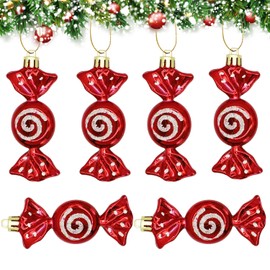 Christmas Candy Ornaments, 6 Pieces Christmas Tree Candy Hanging Decorations Red Glitter Candy Cane Ornament Sweet Shaped Baubles Hanging Pendants for Xmas Party Home Decor A7TGGJ (red)