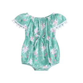 Newborn Baby Girl Easter Outfit Rabbit Print Romper Ruffle Sleeve Tassel Bodysuit Bunny Onesie Infant Summer Clothes (A-Green, 0-3 Months)