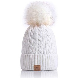PAGE ONE Women Winter Pom Pom Beanie Hats Warm Fleece Lined,Chunky Trendy Cute Chenille Knit Twist Cap/White