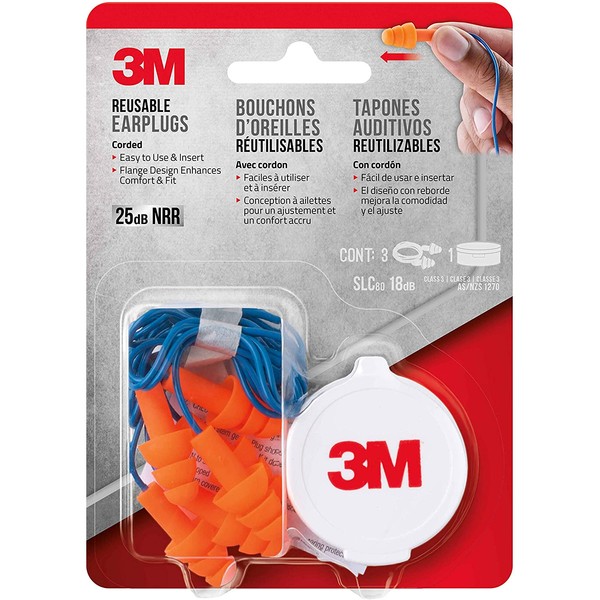 3M Corded Reusable Earplugs, 3-Pair with Case (90716-80025T)