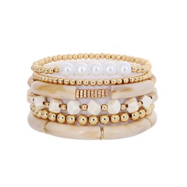 GOOJIDS Simple Beaded Gold Bangles Bracelet Chunky Bamboo Tube Curved Stacking Clear Acrylic Colorful Beads Stretchable Gold Bracelets Set For Women (J-Clear)