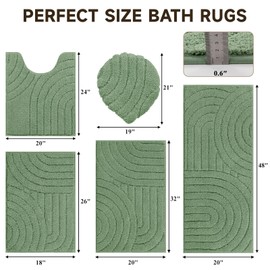 Pauwer Bathroom Rugs Sets 5 Piece, Absorbent Microfiber Anti-Slip Bath Mat Set for Bathroom, Machine Washable Runner with U Shaped Contour Toilet Rugs, Shower Mats and Toilet Lid Cover, Green