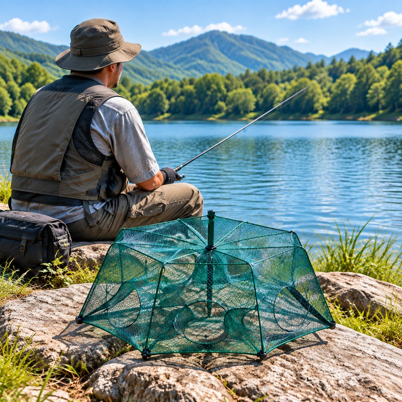 Portable Folding Fishing Trap – 8-Hole Mesh Cage for Crab,