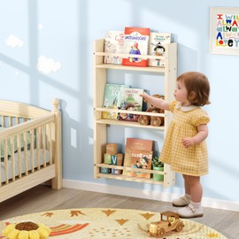 3-Tier Wall Mounted Kids Bookshelf，Hanging Kids Bookcase, Toy and Book Storage Bookshelf in Bedroom, Living Room and Nursery Solid Wood Pine (Natural, 3 Tier)