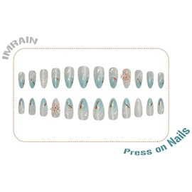 IMRAIN Almond Press on Nails Medium Fake Nails with Cat's Eye Designs Blue Gradient Acrylic Nails Press on Full Cover Glossy Glue on Nails Summer 3D Flower Artificial False Nails 24Pcs