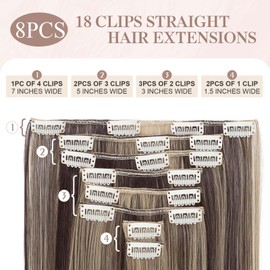 SEGOHAIR Clip-In Hair Extensions Set, 8 Pieces, 18 Clips, Full Head Like Real Hair, Straight - Synthetic Hairpiece for Women, 26 inches (66 cm), Dark Brown Mix, Ash Blonde