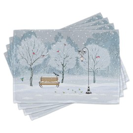 Ambesonne Christmas Place Mats Set of 4, Snow Falling in The Park on a Cold Winter Day Birds Lanterns Xmas Season Picture, Washable Fabric Placemats for Dining Table, Standard Size, Pale Blue Grey