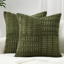 Topfinel OliveGreen Throw Pillow Covers 20x20 Inch Set of 2 Modern Farmhouse Home Decor Pillow Covers for Spring Sofa Living Room Couch Bed Soft Corduroy Textured Boho Striped Patchwork Cushion Cases