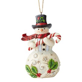 Enesco Jim Shore Heartwood Creek Snowman with Candy Cane Hanging Ornament, 4.75 Inch, Multicolor