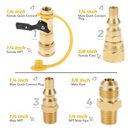 RV Propane Quick Connect Fitting, 1/4" RV Propane Quick Connect Fittings Adapter with 3/8" Flare x 1/4" NPT Male, 1/4" Male NPT 1/4" Female NPT for Low Pressure Gas Heater Grill and RV Quick Connect