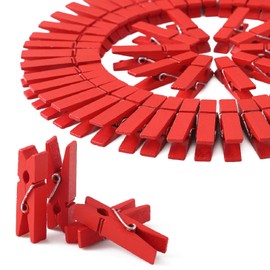 GZXUNFA (Pack of 100) Mini Colored Clothes Pins (Red) About 1.38" Long with 82 Feet of Jute Rope (Red),Colored Wooden Clothespins for Home School Arts Crafts Decor