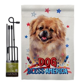 Breeze Decor Patriotic Pekingese Garden Flag Set with Stand Animals Dog Puppy Spoiled Paw Canine Fur Pet Nature Farm Animal Creature Small Decorative Gift Yard House Banner Made in USA 13 X 18.5