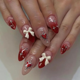 Almond Press on Nails Valentine Fake Nails Medium Length Heart Glue on Nails 3D Bow Designs Acrylic Gel Nails Kit Red Artificial Nails Valentines False Nails for Women Nail Art 24Pcs