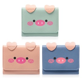 Bofanze 3 PCS Cute Pig Pattern Slim Tri-Fold Short Wallet,4 Card Slots,1 Photo Slot,1 Banknote Slot,Women Wallets Cute Slim Womens Leather Wallets RFID Blocking Women Wallet for Credit Cards