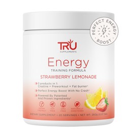 TRU Supplements Energy, Pre Workout Training Formula, Vegan Friendly, No Jitters, Improve Workout Performance, Naturally Extracted Flavors, 20 Servings (Strawberry Lemonade)